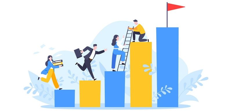 Business mentor helps to improve career and holding stairs steps vector illustration. برای موفقیت در بازار سهام باید چه مهارتهایی کسب کنیم؟