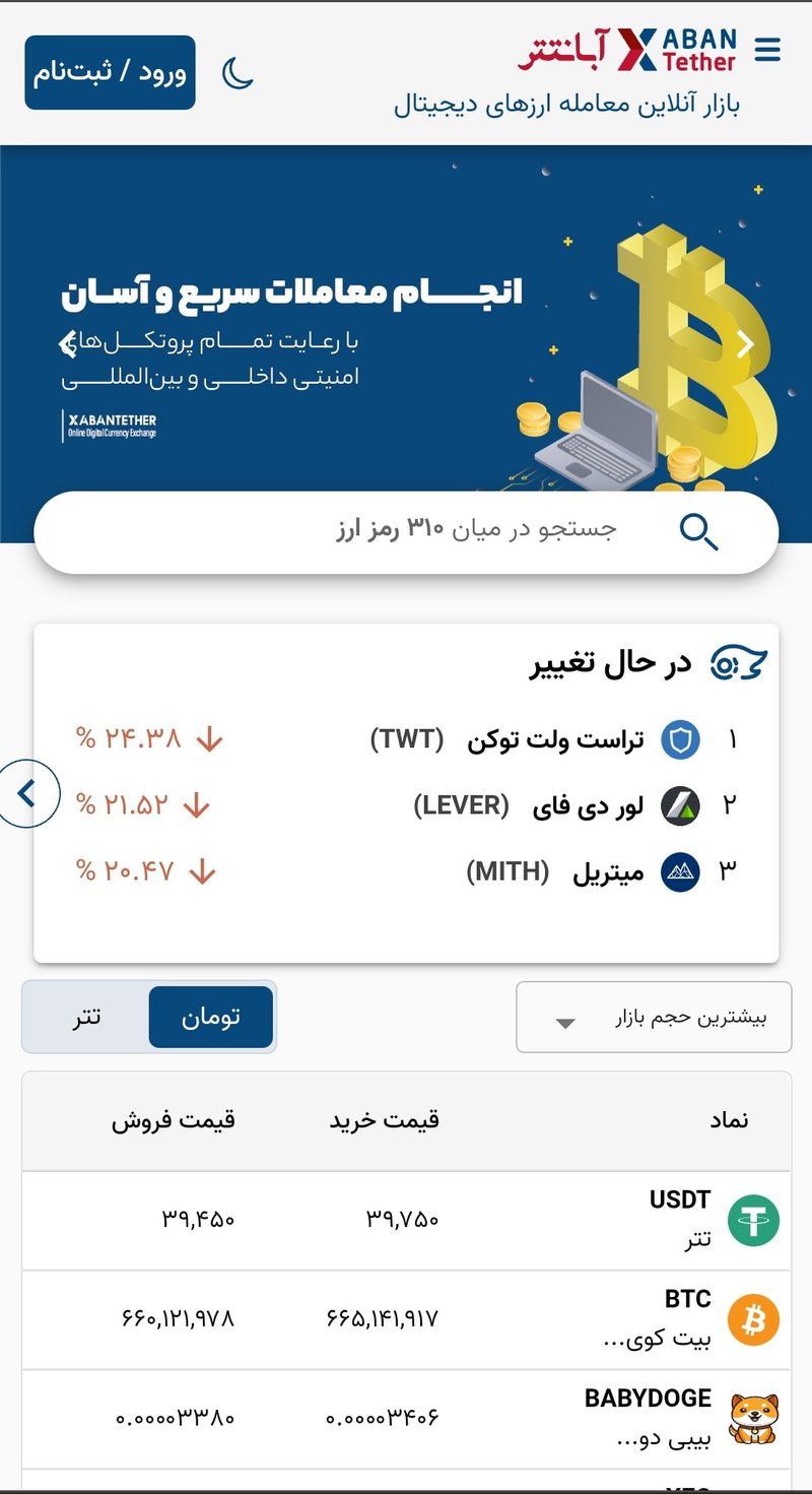 ورود و ثبت نام در صرافی آبان تتر