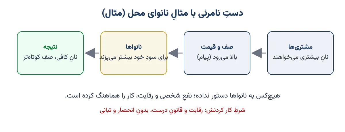 زنجیرهٔ دستِ نامرئی با مثالِ نانوا: تقاضا، قیمت، تولید و نتیجه