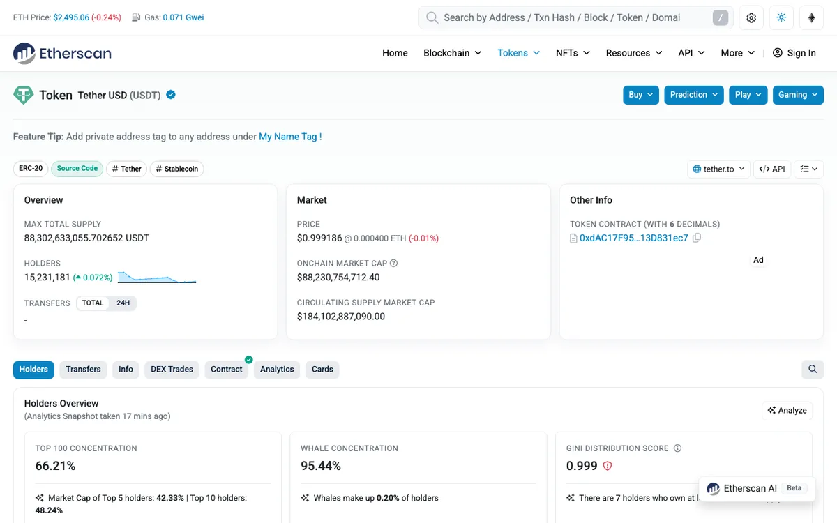 صفحهٔ توکن تتر در اکسپلورر Etherscan با آدرس کانترکت و تعداد دارندگان