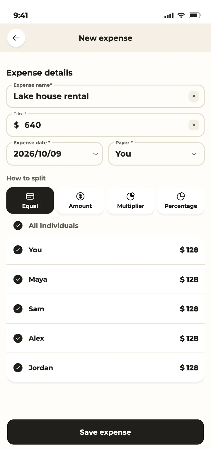 Donget add-expense form with split method and group members