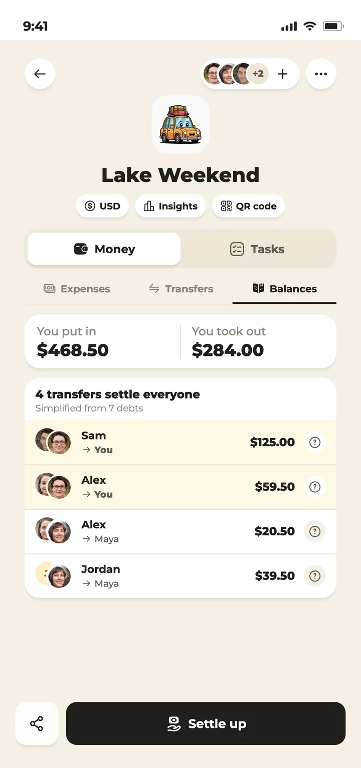 Group balances in Donget with the Settle up button
