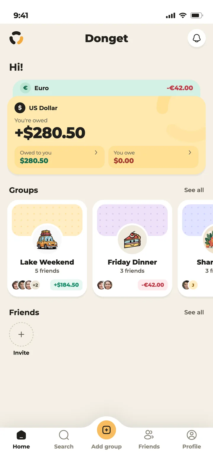 Donget home screen listing the groups Lake Weekend, Friday Dinner and Shared Flat