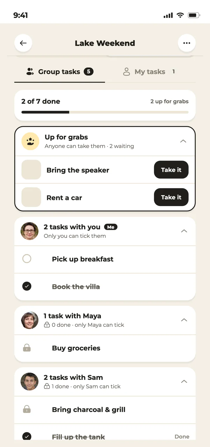 Donget group tasks list with up-for-grabs and completed tasks