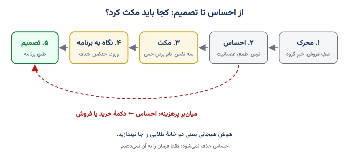 نمودار پنج مرحله از محرک و احساس تا مکث، نگاه به برنامه و تصمیم، با میانبر پرهزینهٔ احساس به معامله