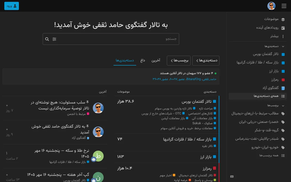 صفحهٔ بخش‌های تالار گفتگوی حامد ثقفی با تالار گفتمان بورس در صدر