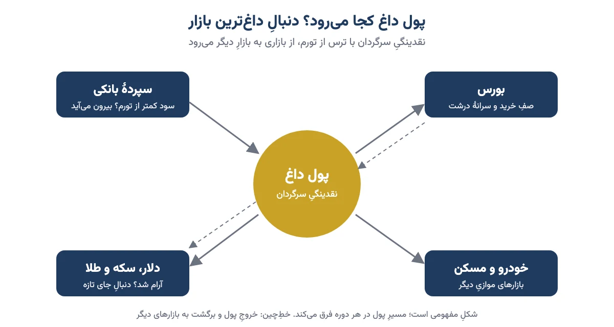 شکل مفهومی جابه‌جایی پول داغ بین سپرده بانکی، بورس، دلار و سکه و طلا، خودرو و مسکن