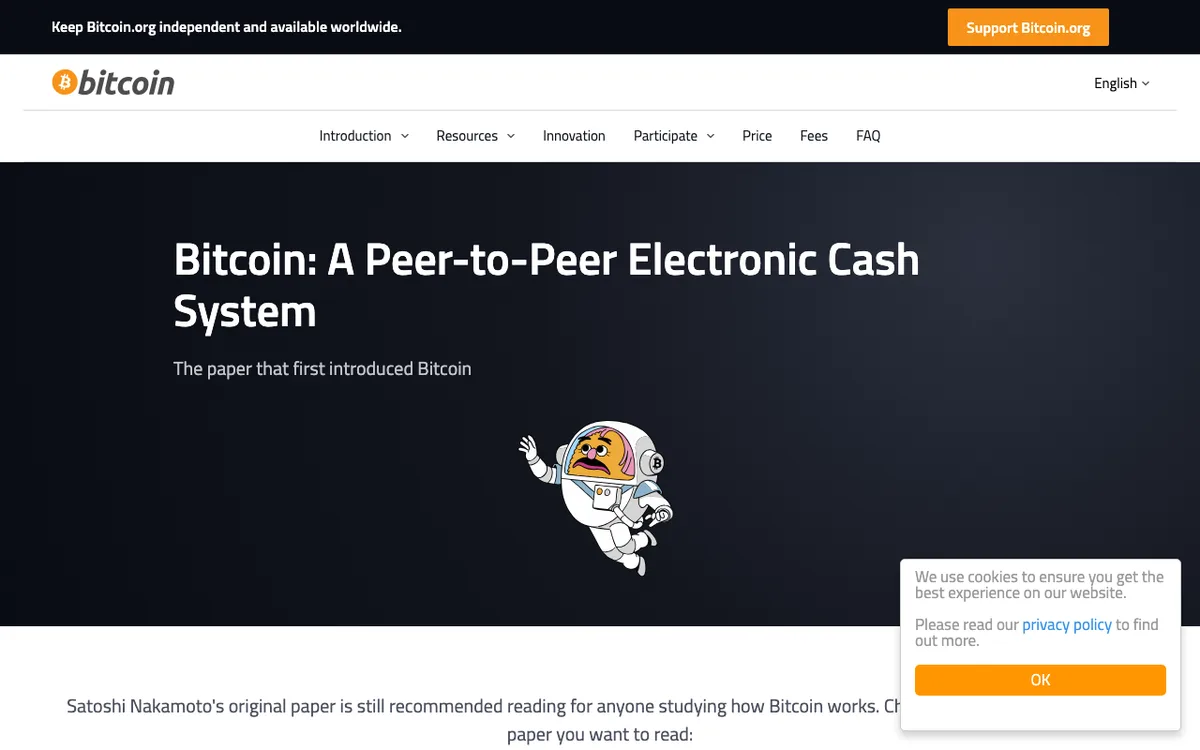 صفحهٔ وایت پیپر بیت کوین در سایت bitcoin.org