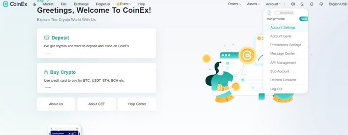 حساب کاربری در صرافی coinex